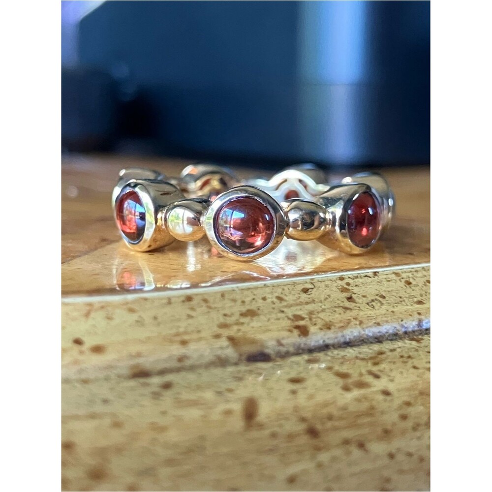 Natural Red Garnet Sterling Silver Band Ring Size 7